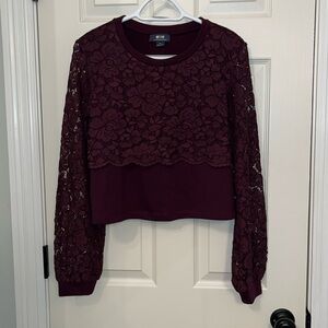 Maeve By Anthropologie‎ Burgundy Lace Cropped Sweatshirt Size Small